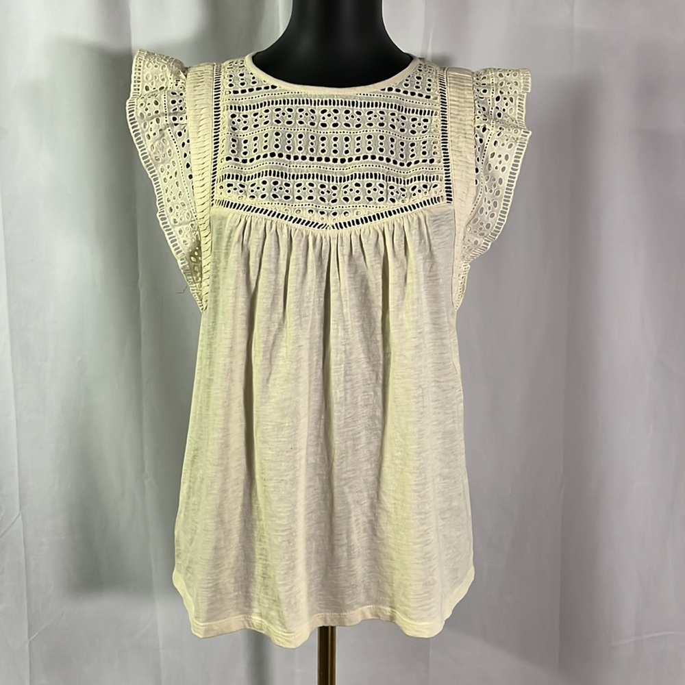 NWT LOFT Cream Eyelet Detail Ruffled Cap Sleeve Cotton Blouse
